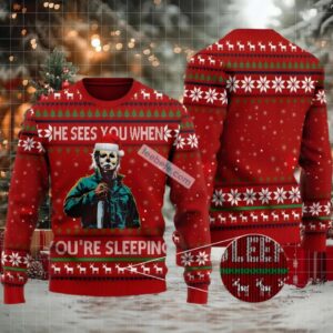 Michael Myers He Sees You When Santa Ugly Xmas Sweater Red White Party