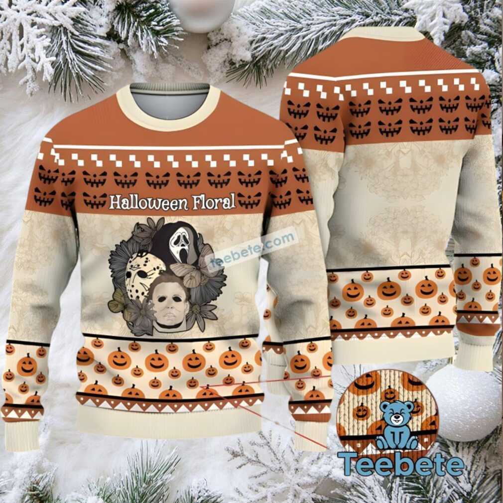 Michael Myers Jason Voorhees Halloween Floral Ugly Christmas Sweater - Front View