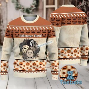 Michael Myers Jason Voorhees Halloween Floral Ugly Christmas Sweater Brown White Mens