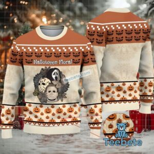 Michael Myers Jason Voorhees Halloween Floral Ugly Christmas Sweater Brown White Mens