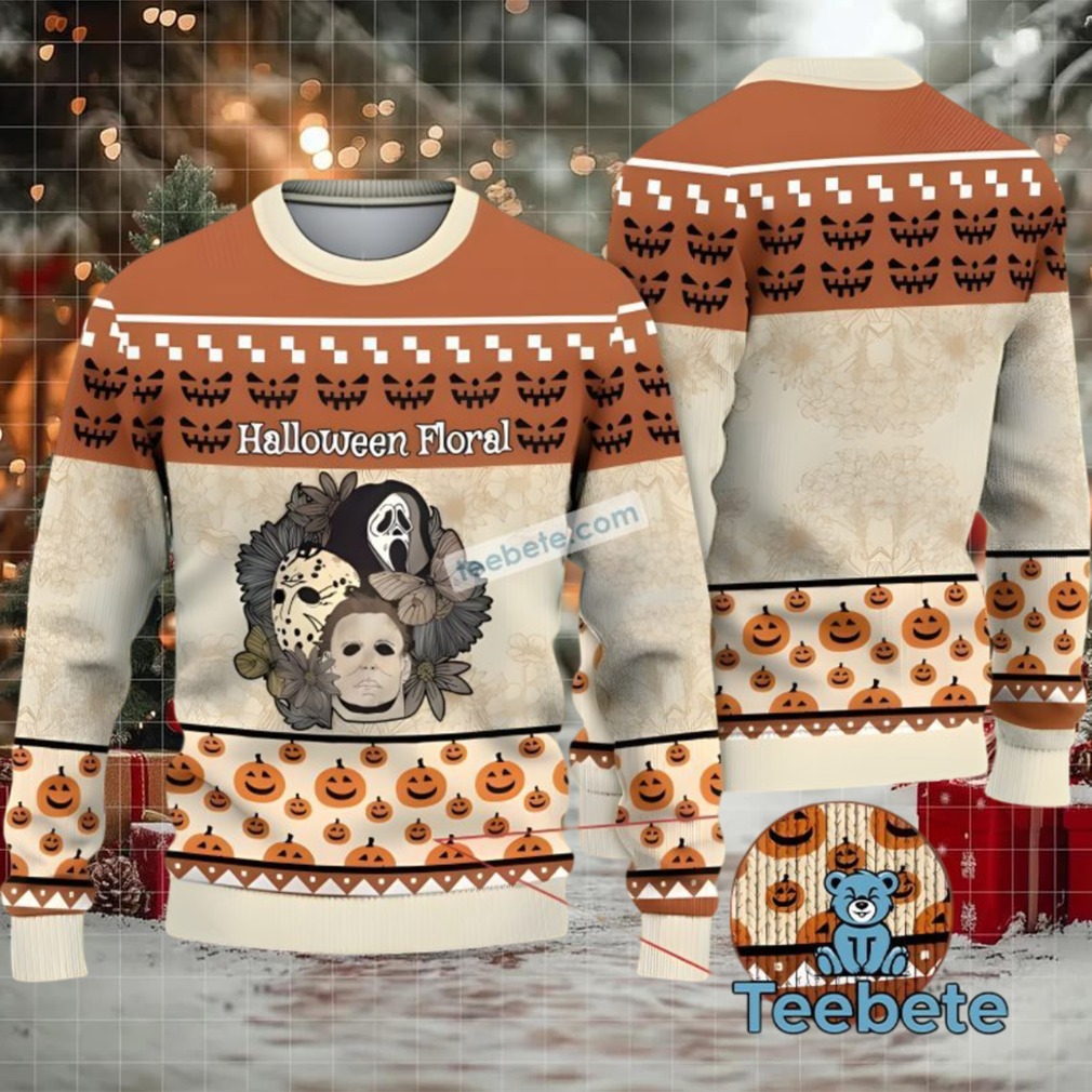 Michael Myers Jason Voorhees Halloween Floral Ugly Christmas Sweater Brown White Mens Michael Myers Jason Voorhees Halloween Floral Ugly Christmas Sweater Brown White Mens
