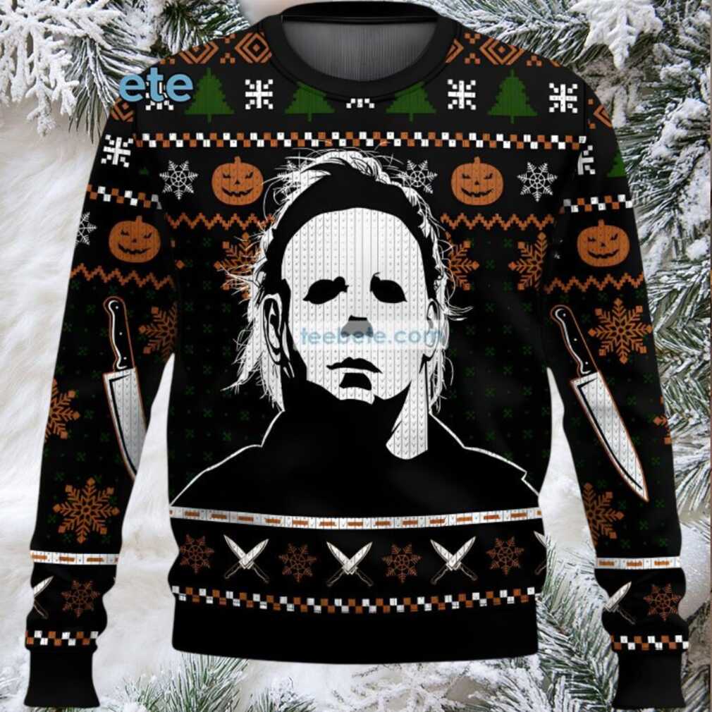 Michael Myers Pumpkin Ugly Christmas Sweatshirt Womens Black White - Front View