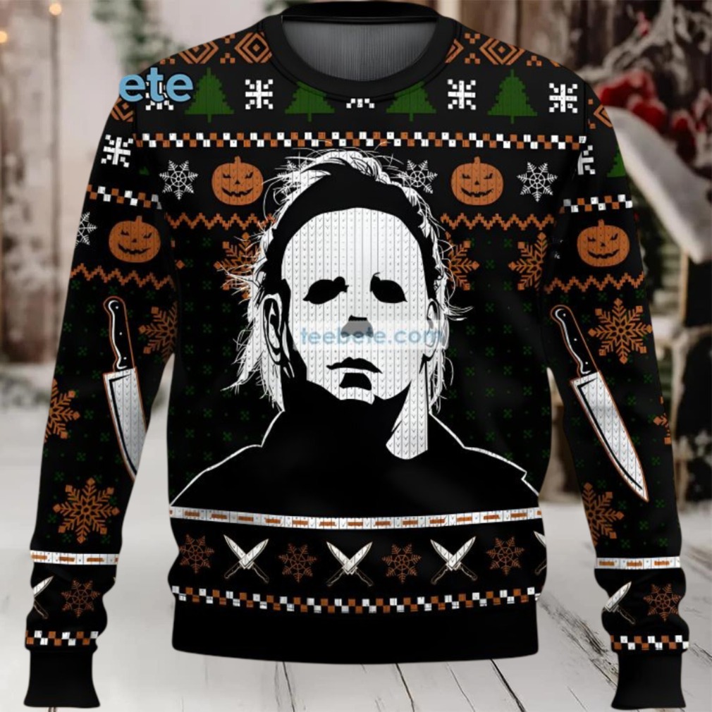 Michael Myers Pumpkin Ugly Christmas Sweatshirt Womens Black White - Detail View