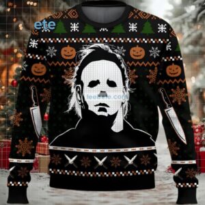 Michael Myers Pumpkin Ugly Christmas Sweatshirt Womens Black White