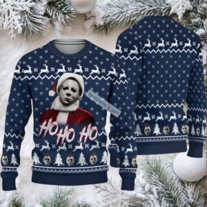 Michael Myers Santa Hohoho Ugly Xmas Sweater Womens Blue White