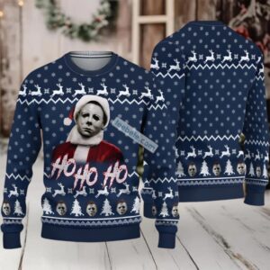 Michael Myers Santa Hohoho Ugly Xmas Sweater Womens Blue White