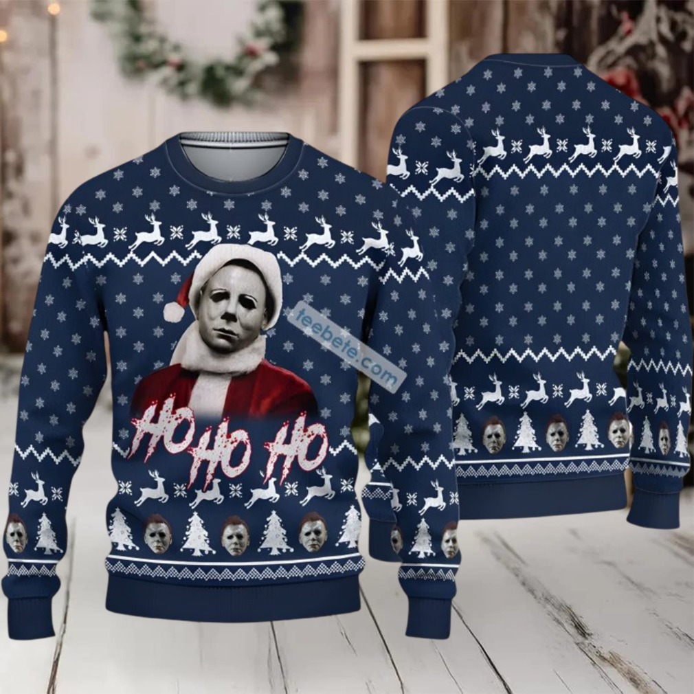 Michael Myers Santa Hohoho Ugly Xmas Sweater Womens Blue White