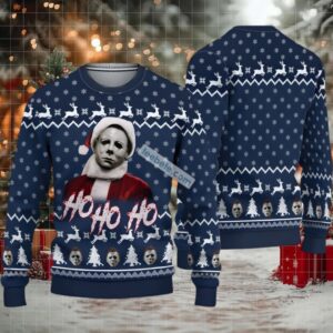 Michael Myers Santa Hohoho Ugly Xmas Sweater Womens Blue White
