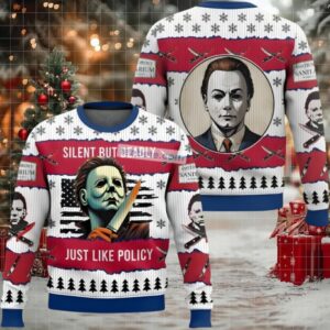 Michael Myers Silent But Deadly Ugly Holiday Sweater Red White