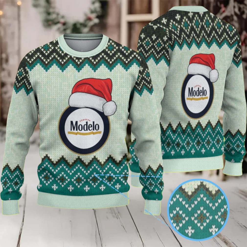 Mint Green & Black Zigzag Pattern “Modelo Beer Santa Hat” Ugly Christmas Sweater