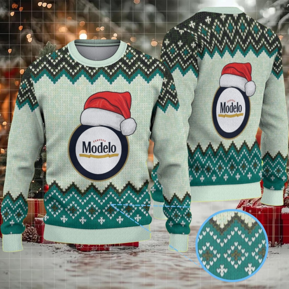 Mint Green & Black Zigzag Pattern “Modelo Beer Santa Hat” Ugly Christmas Sweater Mint Green & Black Zigzag Pattern “Modelo Beer Santa Hat” Ugly Christmas Sweater