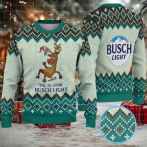 Mint Green & Black Zigzag Pattern “Time to Drink Busch Light” Ugly Christmas Sweater