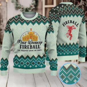 Mint Green Geometric Pattern “Fireball Cinnamon Whisky Bottles” Ugly Christmas Sweater