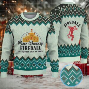 Mint Green Geometric Pattern “Fireball Cinnamon Whisky Bottles” Ugly Christmas Sweater