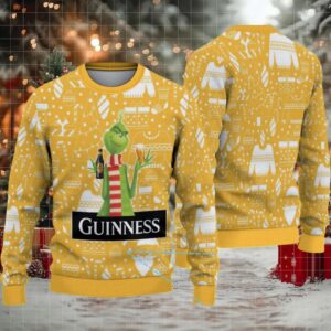 Mustard Yellow Christmas Icons Pattern Guinness Beer Ugly Christmas Sweater
