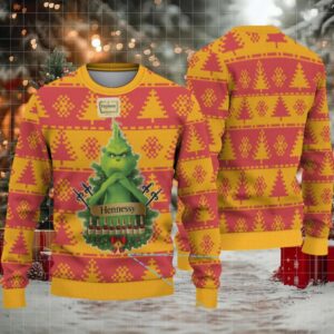 Mustard Yellow & Red Pixel Christmas Tree Fair Isle Hennessy Ugly Christmas Sweater