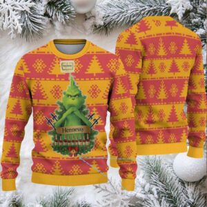 Mustard Yellow & Red Pixel Christmas Tree Fair Isle Hennessy Ugly Christmas Sweater