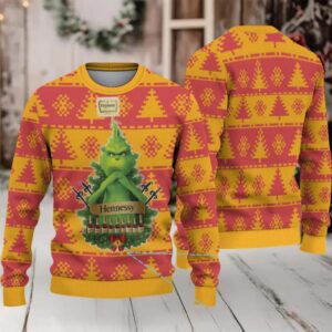 Mustard Yellow & Red Pixel Christmas Tree Fair Isle Hennessy Ugly Christmas Sweater