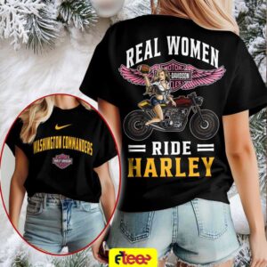 NFL Washington Commanders real women ride Harley Davidson 2 sided t shirt