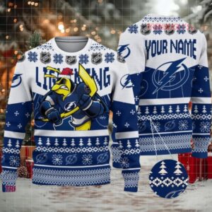 NHL Tampa Bay Lightning Mascot Fiery Skates Ugly Christmas Sweater