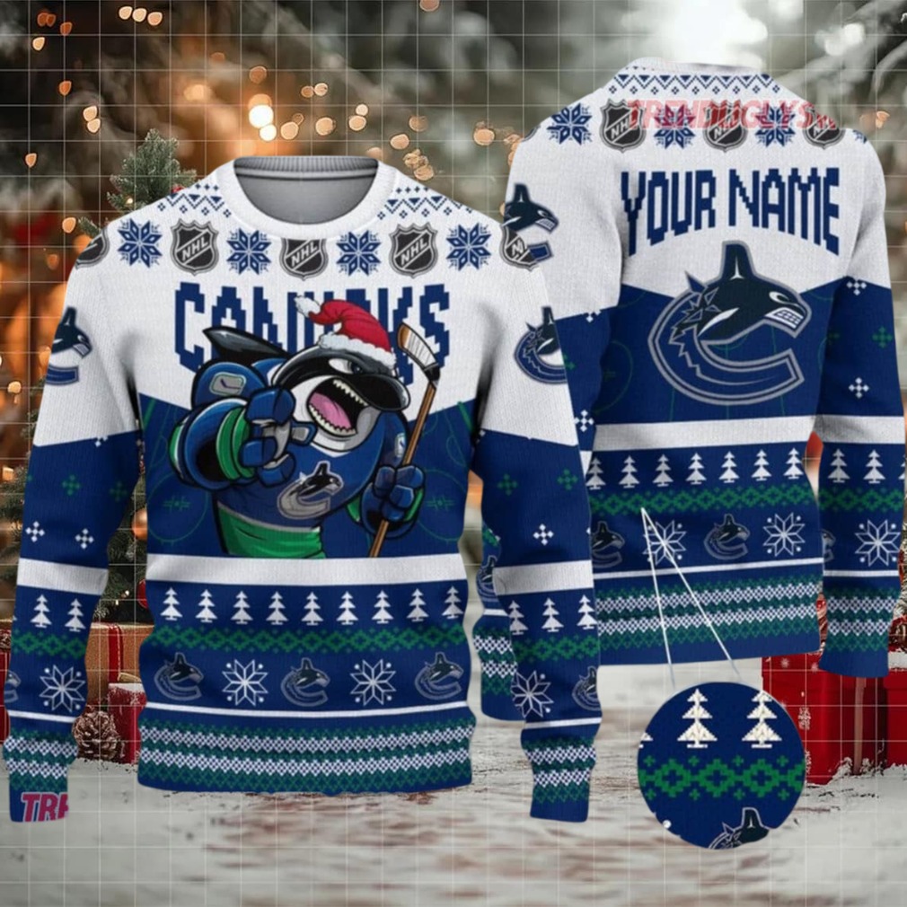 NHL Vancouver Canucks Mascot Fiery Skates Ugly Christmas Sweater NHL Vancouver Canucks Mascot Fiery Skates Ugly Christmas Sweater