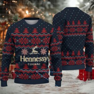 Navy Blue & Red Fair Isle Snowflake Christmas Tree Hennessy Themed Ugly Christmas Sweater