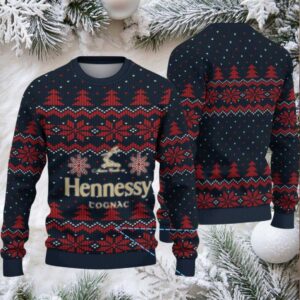Navy Blue & Red Fair Isle Snowflake Christmas Tree Hennessy Themed Ugly Christmas Sweater