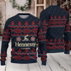 Navy Blue & Red Fair Isle Snowflake Christmas Tree Hennessy Themed Ugly Christmas Sweater