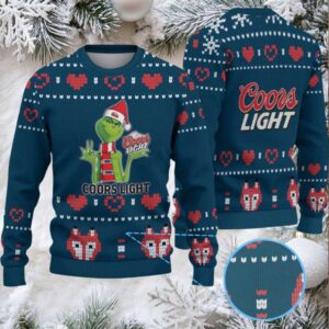 Navy Blue & Red Heart Pattern “Grinch with Santa Hat Coors Light” Ugly Christmas Sweater – Coors Light Edition