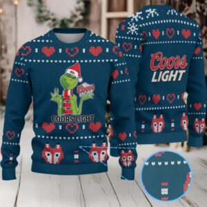 Navy Blue & Red Heart Pattern “Grinch with Santa Hat Coors Light” Ugly Christmas Sweater – Coors Light Edition