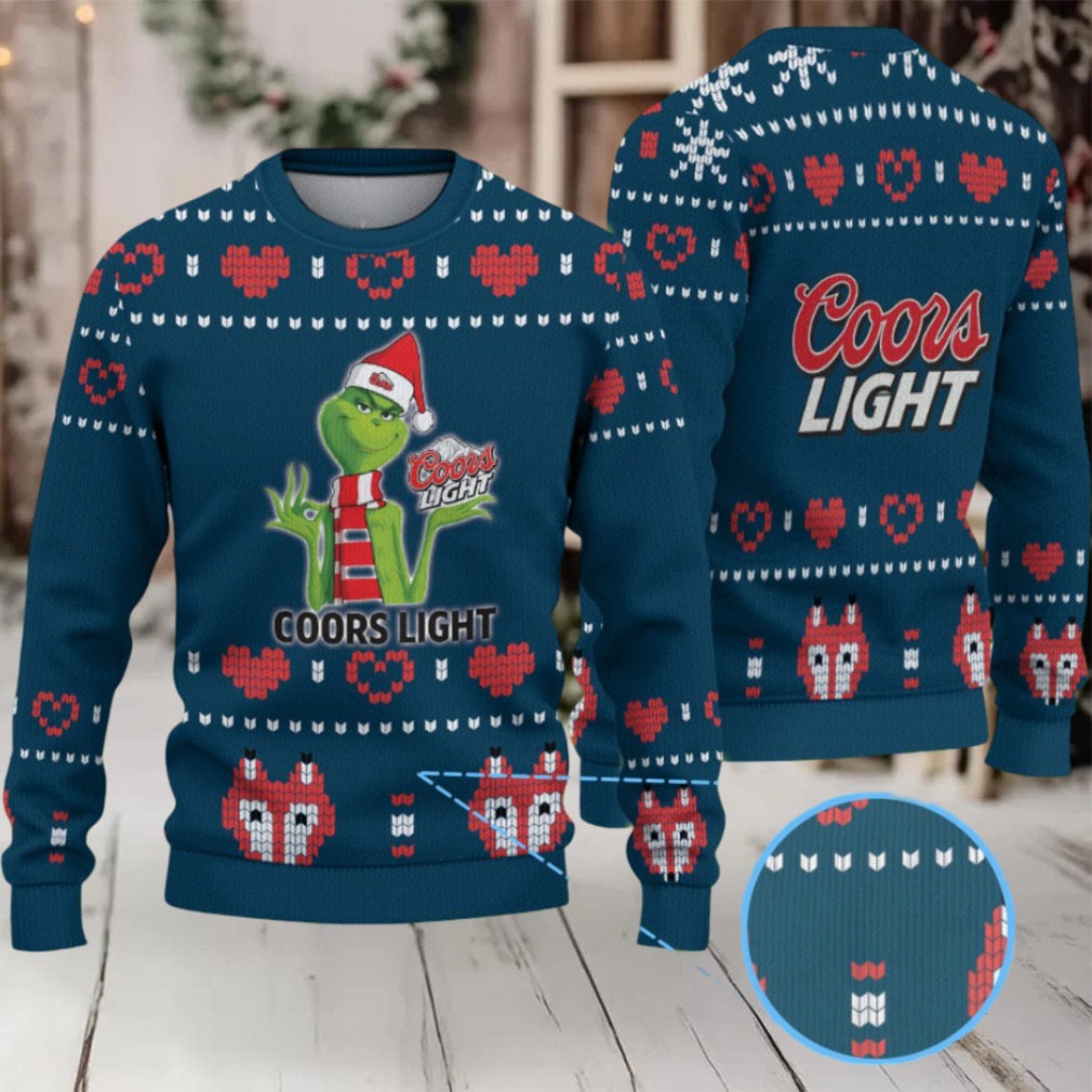 Navy Blue & Red Heart Pattern “Grinch with Santa Hat Coors Light” Ugly Christmas Sweater – Coors Light Edition Navy Blue & Red Heart Pattern “Grinch with Santa Hat Coors Light” Ugly Christmas Sweater – Coors Light Edition