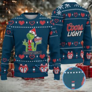 Navy Blue & Red Heart Pattern “Grinch with Santa Hat Coors Light” Ugly Christmas Sweater – Coors Light Edition