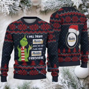 Navy Blue & Red Snowflake Pattern “Grinch Drinking Modelo Beer Everywhere” Ugly Christmas Sweater