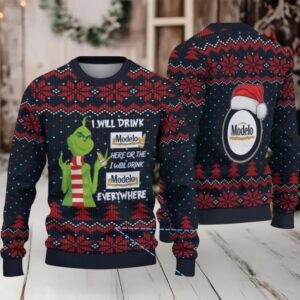 Navy Blue & Red Snowflake Pattern “Grinch Drinking Modelo Beer Everywhere” Ugly Christmas Sweater