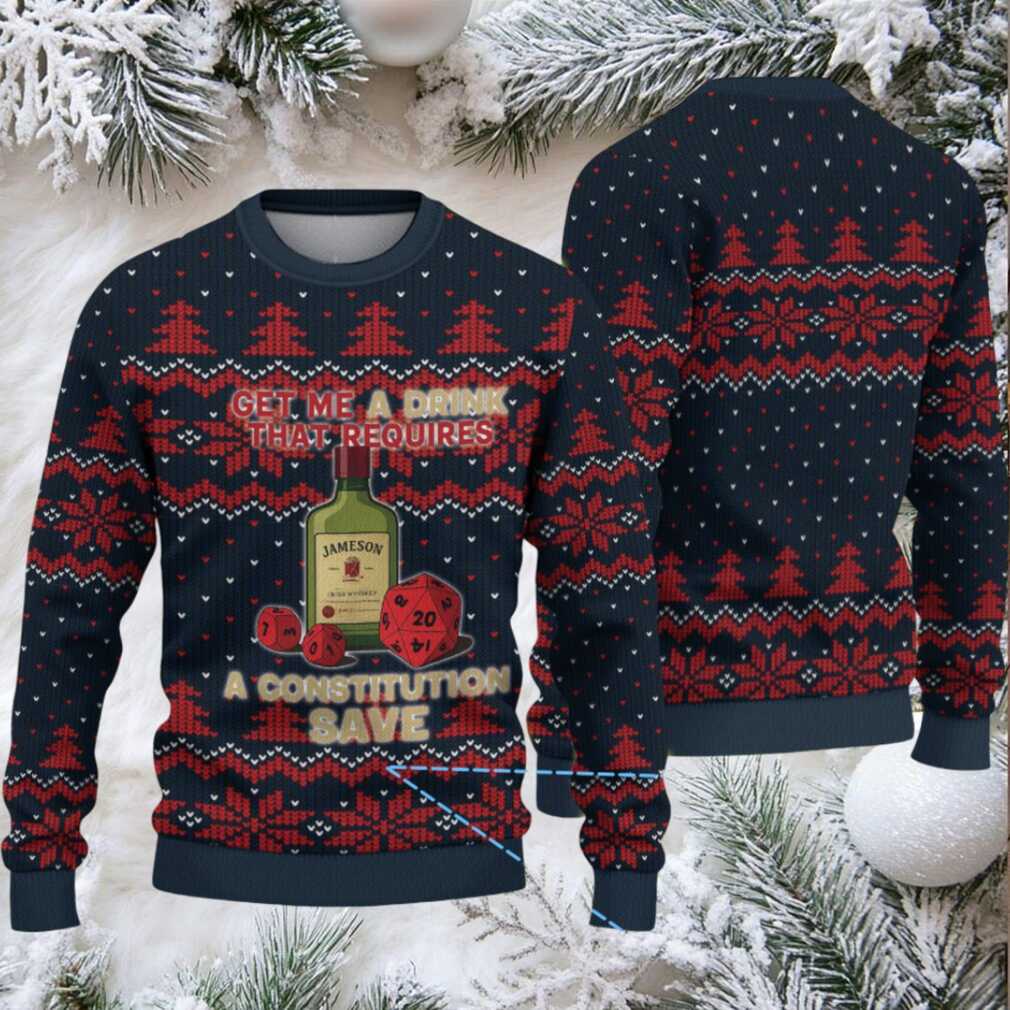 Navy Blue Red Snowflake and Tree Pattern “Get Me a Drink That Requires a Constitution Save” Ugly Christmas Sweater Featuring Jameson Irish Whiskey Navy Blue Red Snowflake and Tree Pattern “Get Me a Drink That Requires a Constitution Save” Ugly Christmas Sweater Featuring Jameson Irish Whiskey