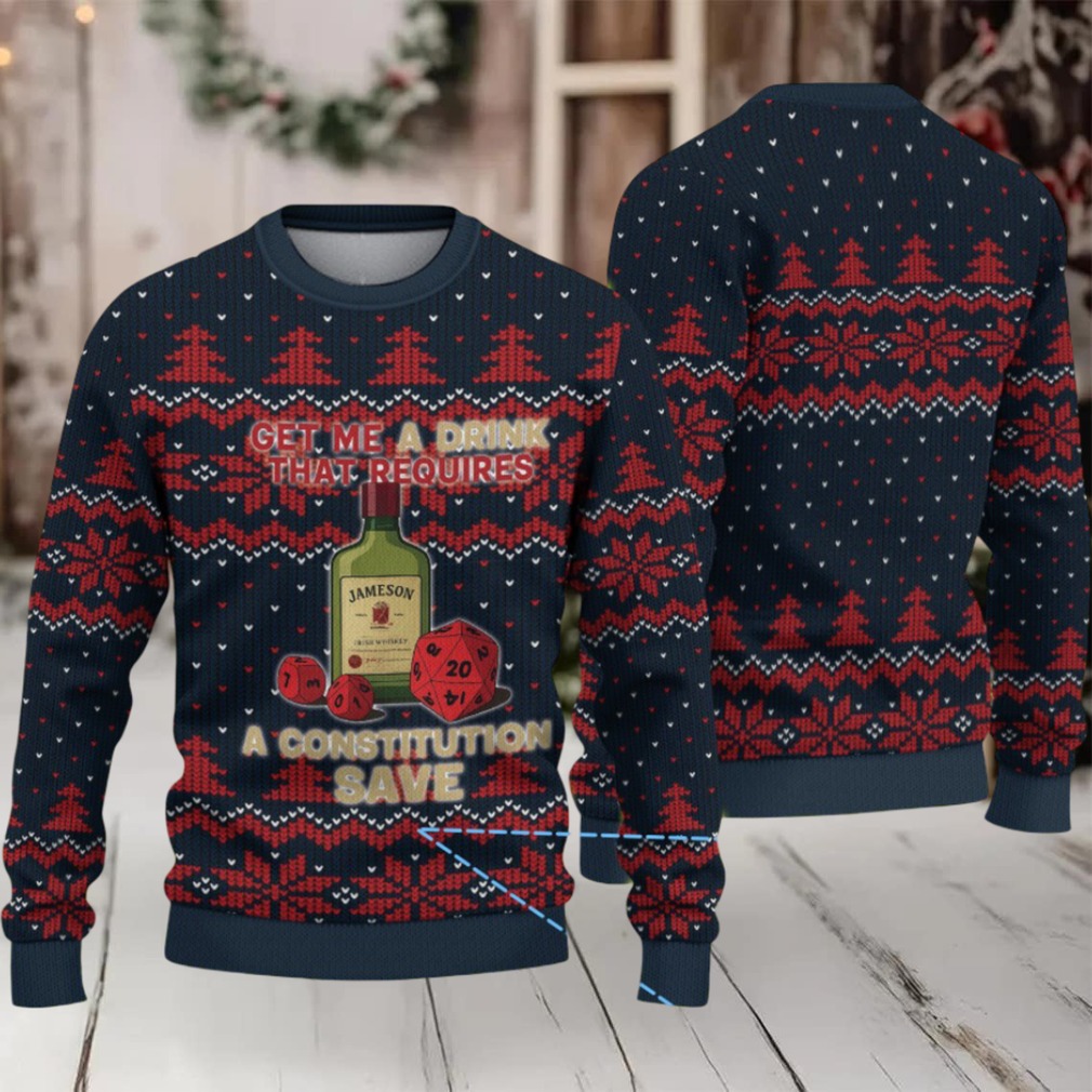 Navy Blue Red Snowflake and Tree Pattern “Get Me a Drink That Requires a Constitution Save” Ugly Christmas Sweater Featuring Jameson Irish Whiskey Navy Blue Red Snowflake and Tree Pattern “Get Me a Drink That Requires a Constitution Save” Ugly Christmas Sweater Featuring Jameson Irish Whiskey