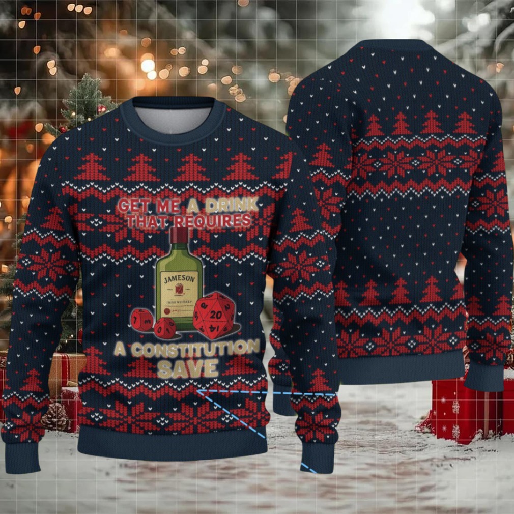 Navy Blue Red Snowflake and Tree Pattern “Get Me a Drink That Requires a Constitution Save” Ugly Christmas Sweater Featuring Jameson Irish Whiskey Navy Blue Red Snowflake and Tree Pattern “Get Me a Drink That Requires a Constitution Save” Ugly Christmas Sweater Featuring Jameson Irish Whiskey