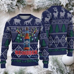 Navy Blue Reindeer and Christmas Tree Keystone Light Reinbeer Ugly Christmas Sweater