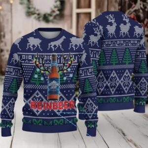 Navy Blue Reindeer and Christmas Tree Keystone Light Reinbeer Ugly Christmas Sweater