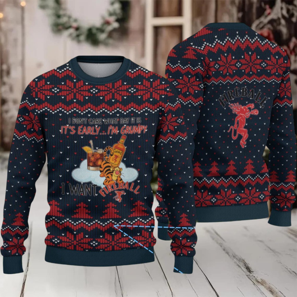 Navy Blue Snowflake Pattern “Grumpy Tiger & Fireball Cinnamon Whisky Bottle” Ugly Christmas Sweater