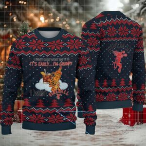 Navy Blue Snowflake Pattern “Grumpy Tiger & Fireball Cinnamon Whisky Bottle” Ugly Christmas Sweater