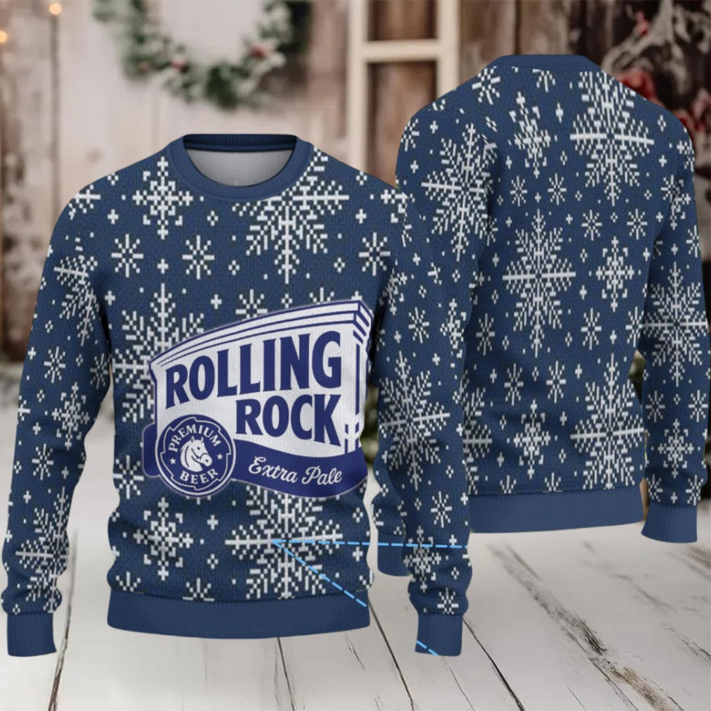 Navy Blue Snowflake Rolling Rock Ugly Christmas Sweater Navy Blue Snowflake Rolling Rock Ugly Christmas Sweater