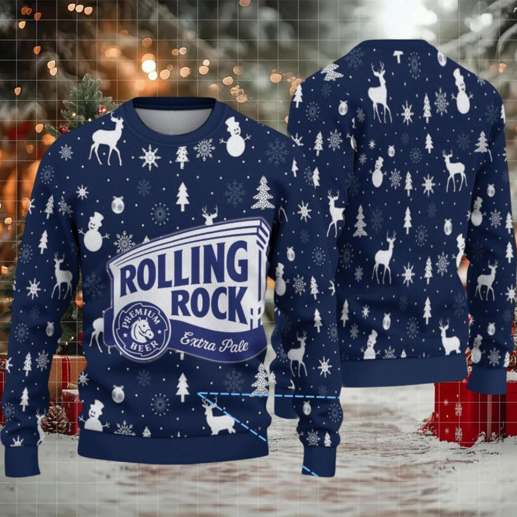 Navy Blue Snowflake and Reindeer Rolling Rock Ugly Christmas Sweater