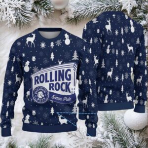 Navy Blue Snowflake and Reindeer Rolling Rock Ugly Christmas Sweater