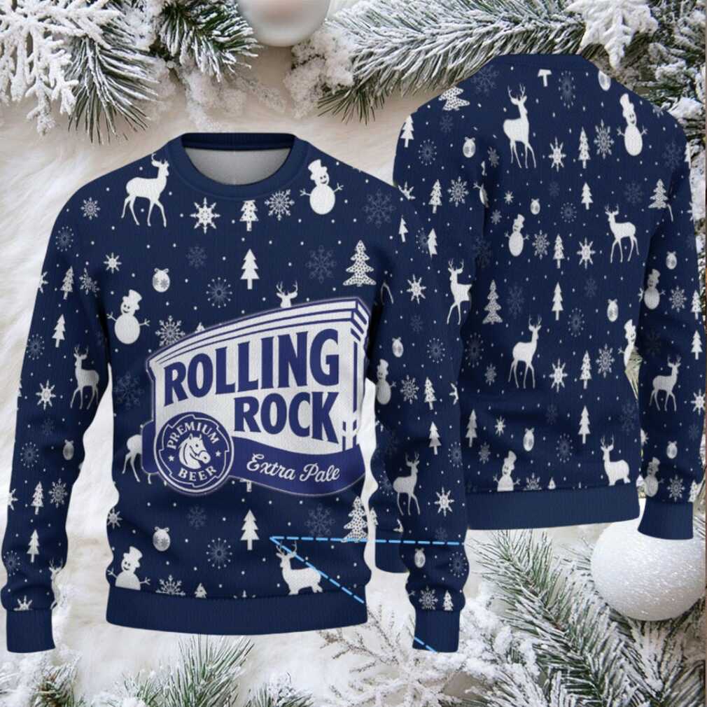 Navy Blue Snowflake and Reindeer Rolling Rock Ugly Christmas Sweater