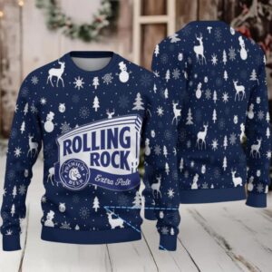Navy Blue Snowflake and Reindeer Rolling Rock Ugly Christmas Sweater