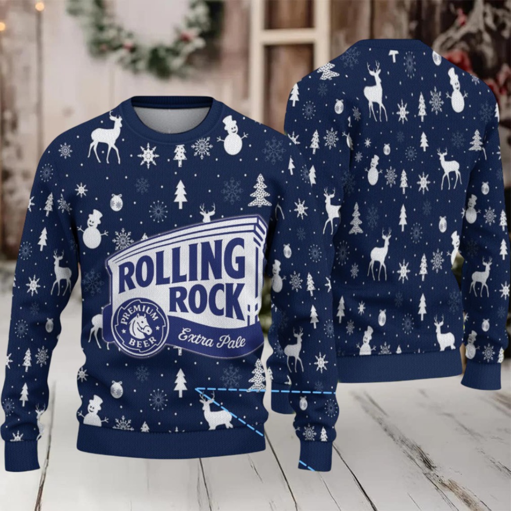 Navy Blue Snowflake and Reindeer Rolling Rock Ugly Christmas Sweater Navy Blue Snowflake and Reindeer Rolling Rock Ugly Christmas Sweater