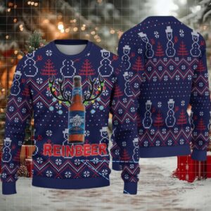 Navy Blue Snowman Pattern Keystone Light Reinbeer Ugly Christmas Sweater