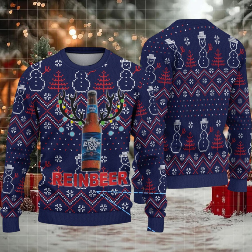 Navy Blue Snowman Pattern Keystone Light Reinbeer Ugly Christmas Sweater
