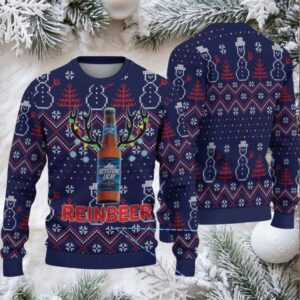 Navy Blue Snowman Pattern Keystone Light Reinbeer Ugly Christmas Sweater